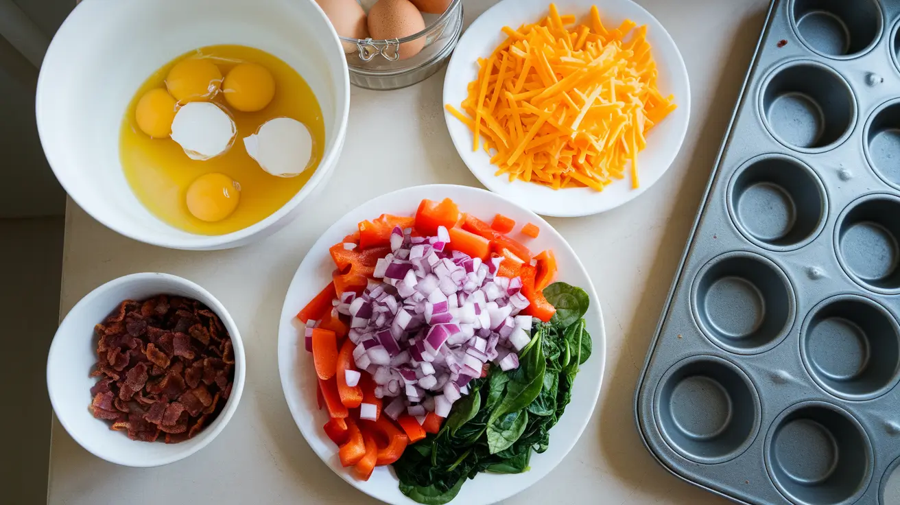  Ingredients for making breakfast egg muffins, including eggs, cheese, and vegetables.