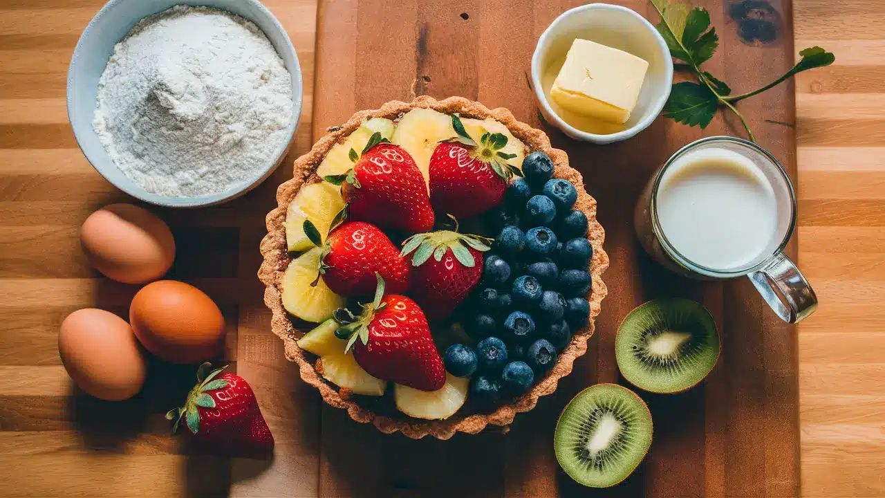 Ingredients for a Whole Foods fruit tart laid out on a wooden kitchen counter