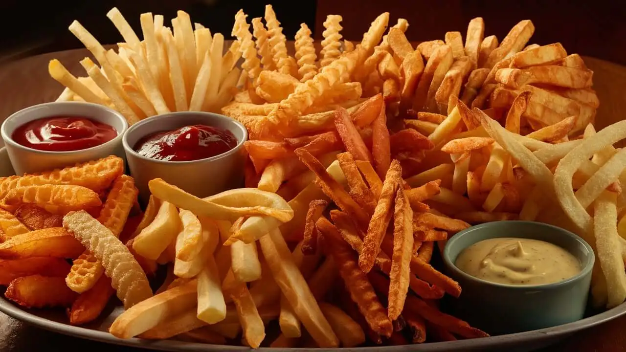 Different types of French fries served with dipping sauces