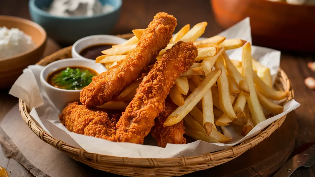 Crispy chicken strips and golden French fries served with dipping sauces