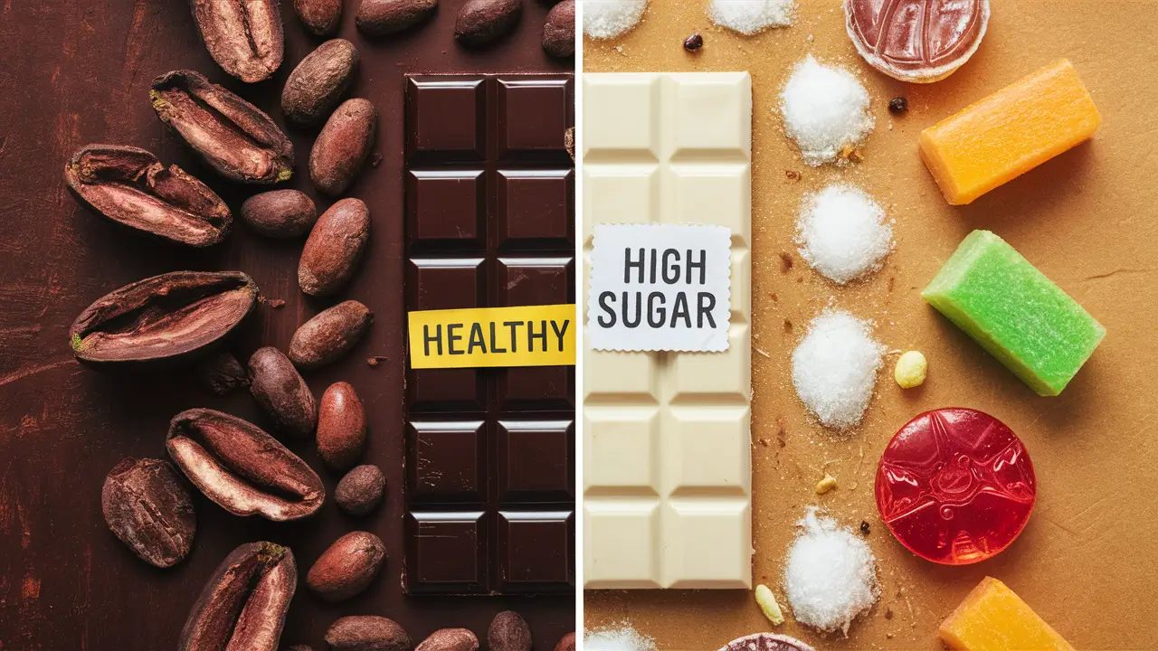 A comparison of dark chocolate (healthy) and high-sugar milk chocolate (less healthy)