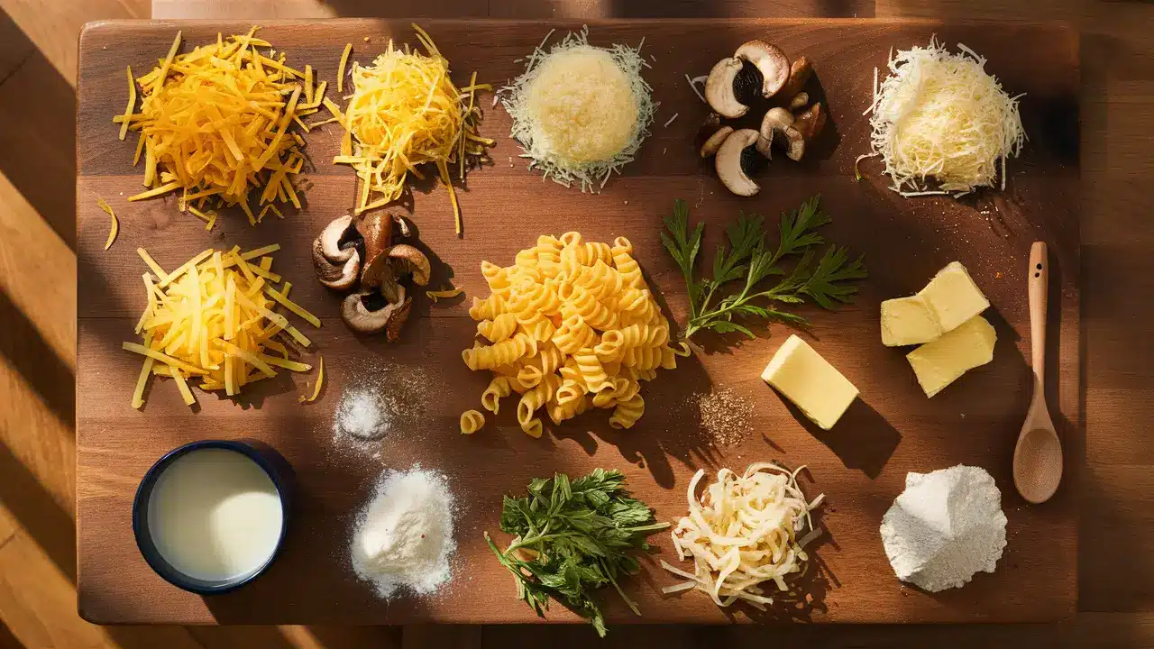  Ingredients for mac and cheese with crispy mushrooms, including cheese, pasta, and mushrooms.