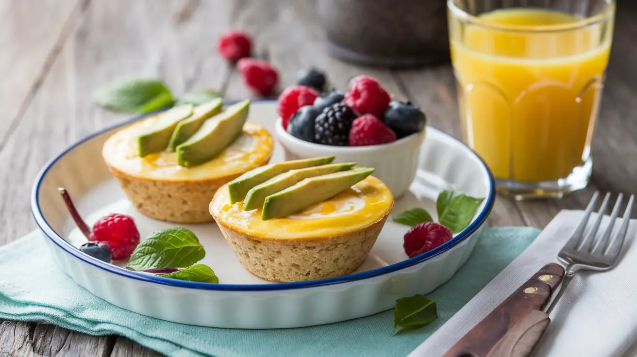 Breakfast egg muffins served with avocado and fresh fruit.