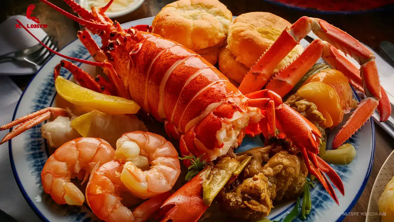 Red Lobster seafood platter with lobster, shrimp, and crab