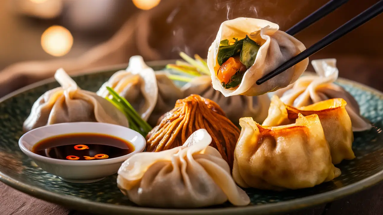 Vegetable dumplings served with soy sauce and chili oil