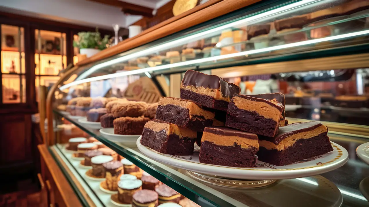 Buckeye brownies displayed in a London café dessert case