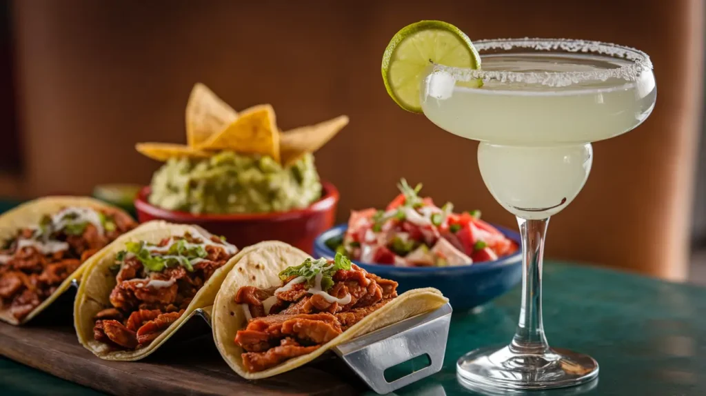 Mexican meal with tacos, guacamole, and a margarita