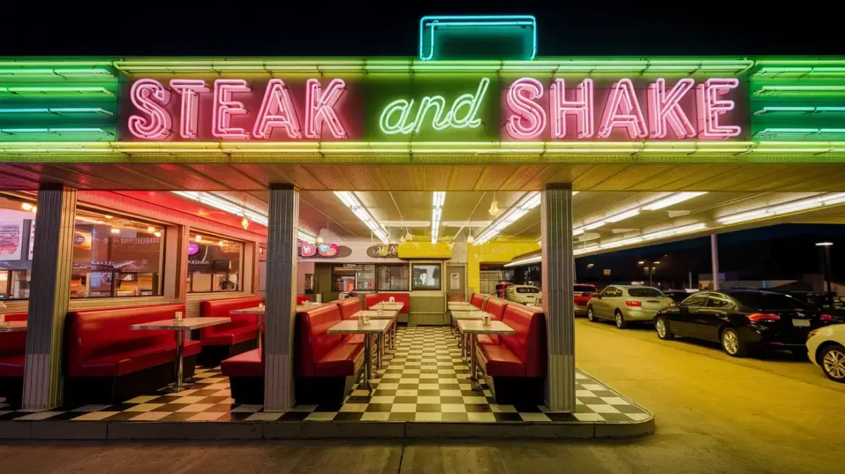 A classic Steak and Shake diner with neon lights at night.