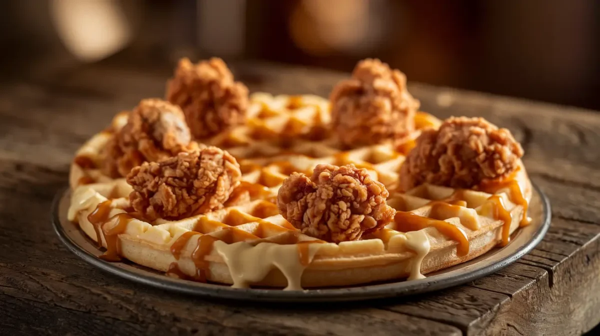 Chicken and waffles pizza with crispy fried chicken and maple syrup