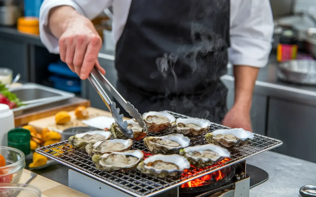 Cooked oysters being grilled to prevent food poisoning