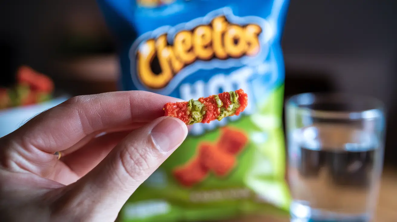 Close-up of a person holding a Dill Pickle Hot Cheeto with visible seasoning