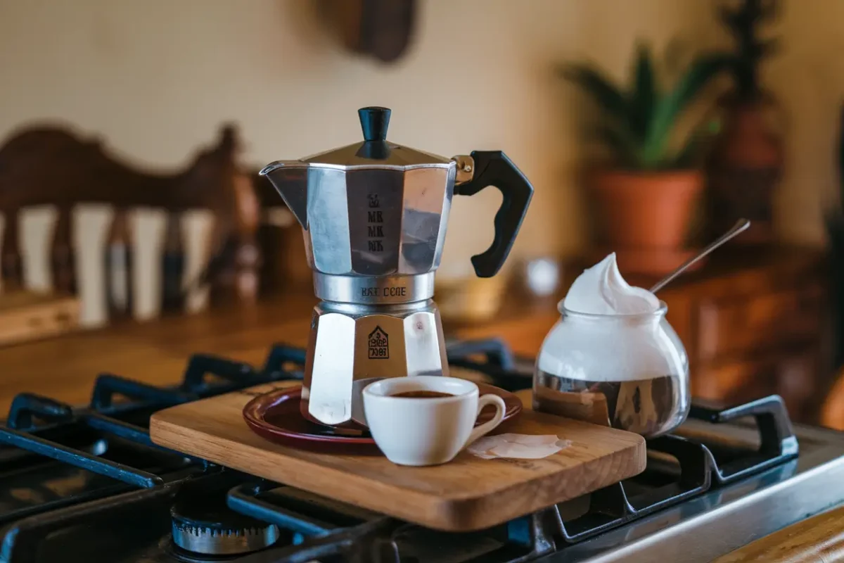 Moka pot brewing Cuban espresso with whipped sugar espuma