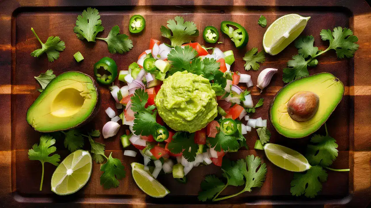 Fresh guacamole ingredients including avocados, onions, tomatoes, jalapeños, and lime.