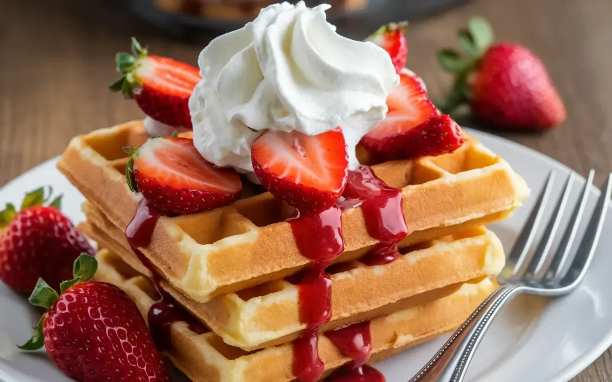 Waffles topped with homemade strawberry pie filling