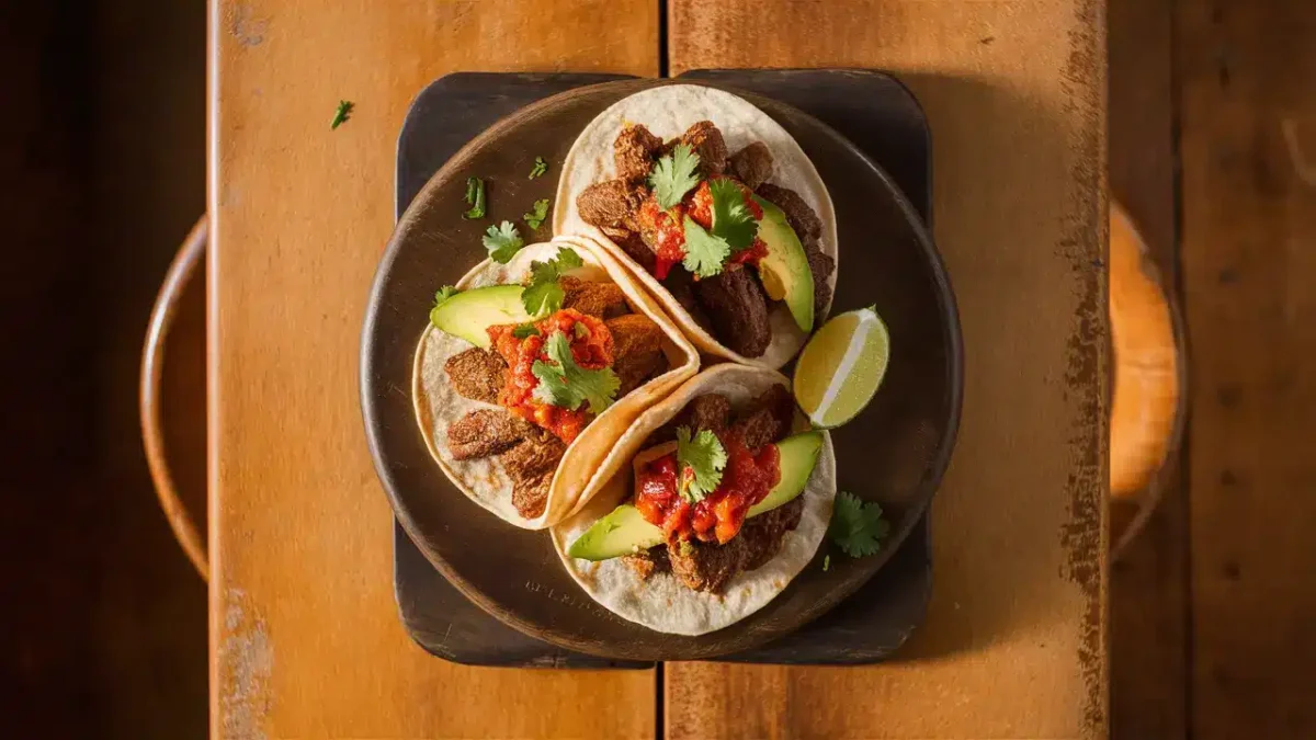 Vegetarian taco meat served in corn tortillas with toppings