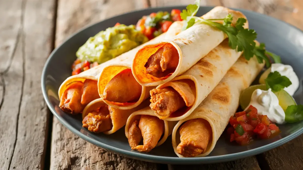 Crispy taquitos chicken with guacamole and salsa.