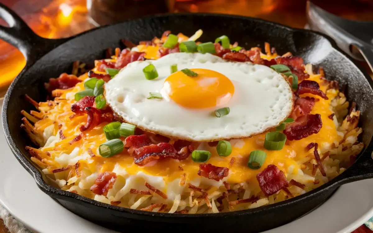 A loaded hash brown skillet topped with cheese, bacon, and eggs.