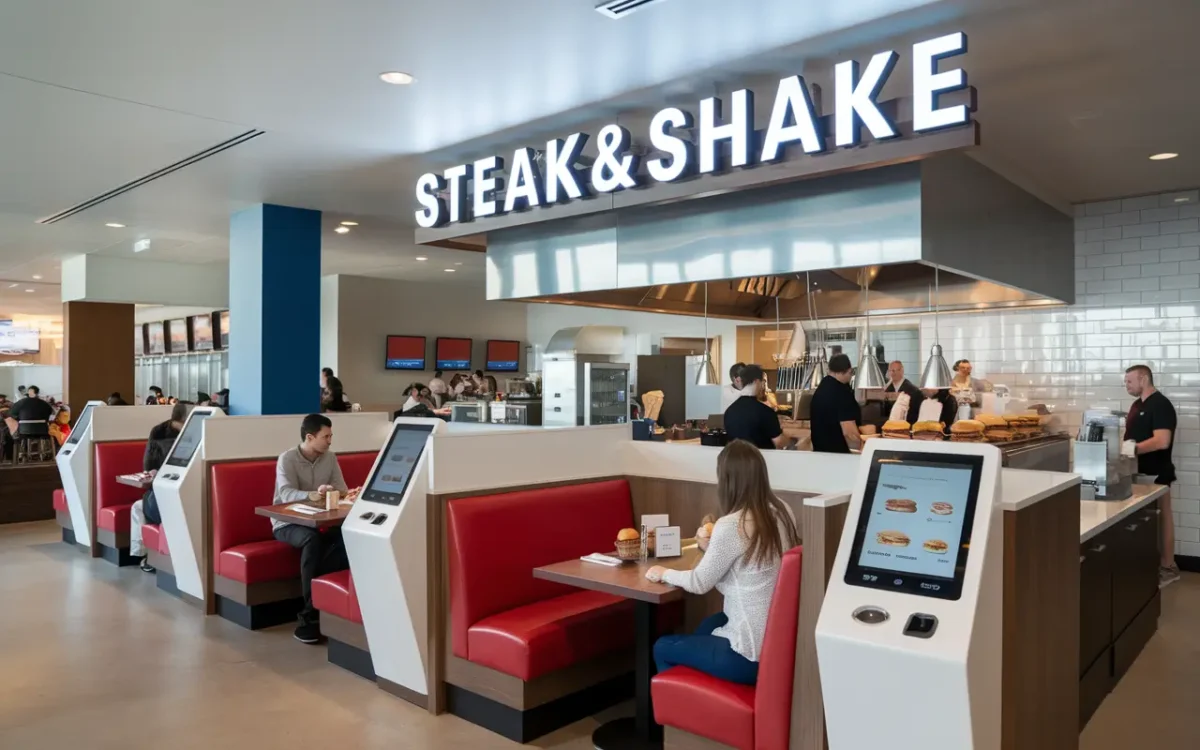 Inside a modernized Steak and Shake with self-order kiosks.