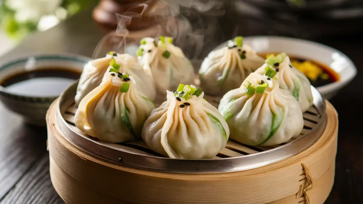 Steamed vegetable dumplings in a bamboo steamer with soy sauce