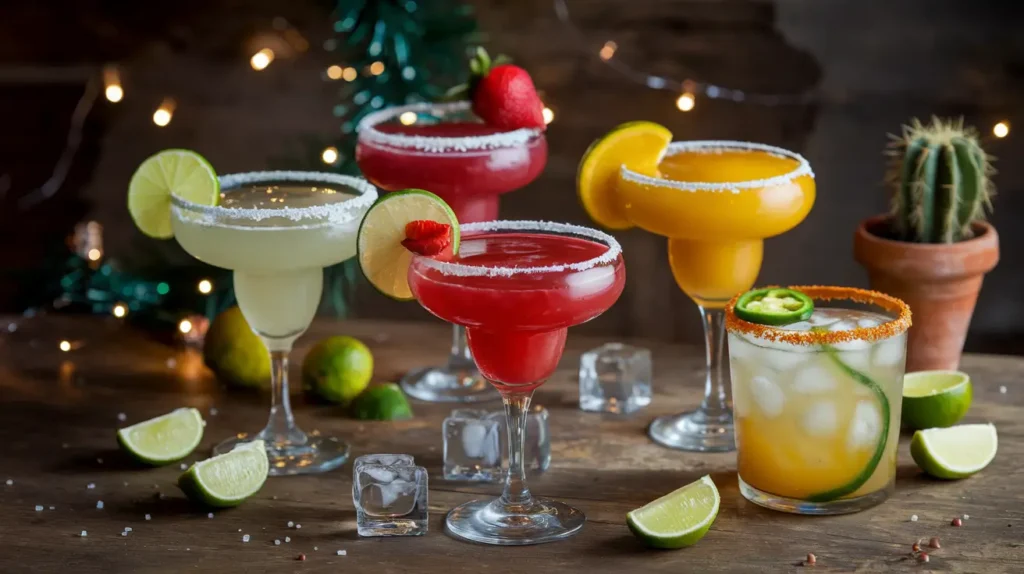 Assorted margaritas in different flavors on a wooden table