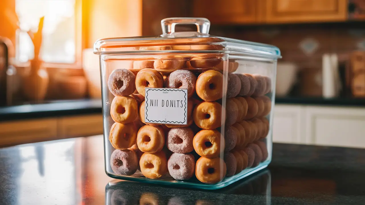 Properly stored mini donuts in an airtight glass container