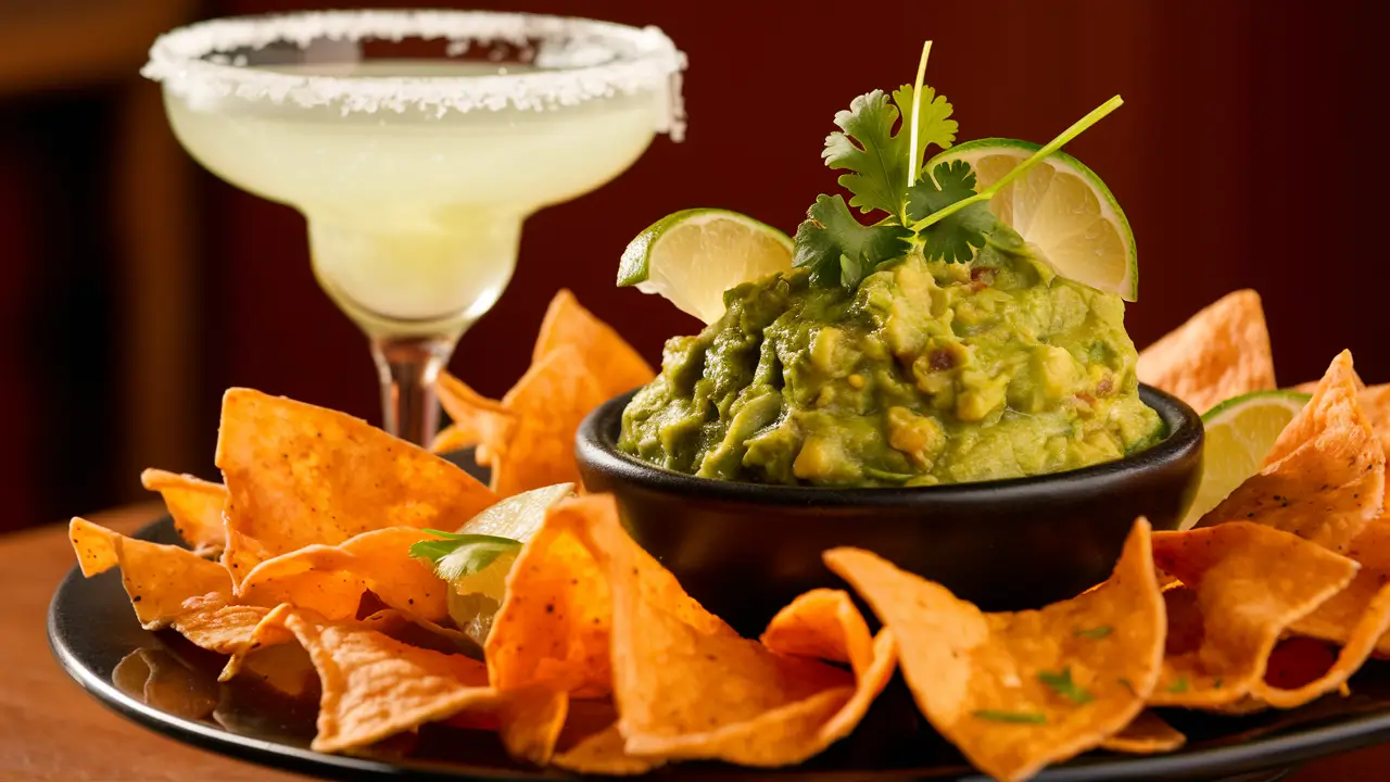 A bowl of chunky guacamole served with tortilla chips and a margarita