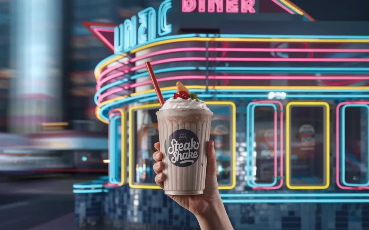 A customer enjoying a Steak and Shake milkshake outside the diner