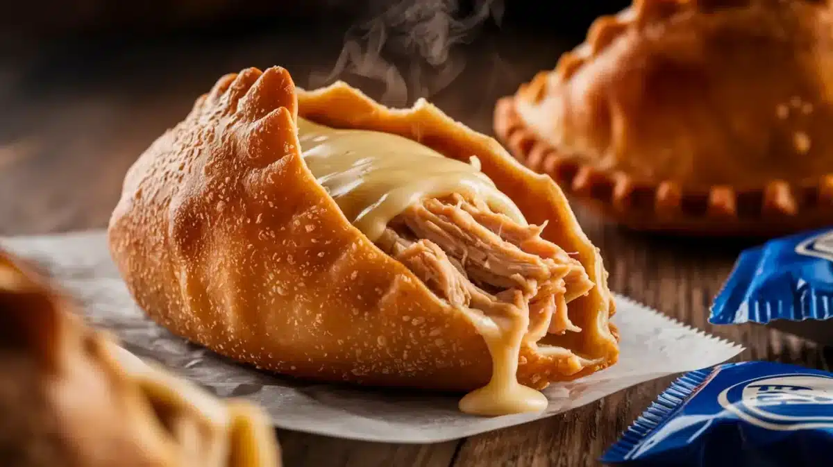 Taco Bell Chicken Empanada close-up with melted cheese and shredded chicken