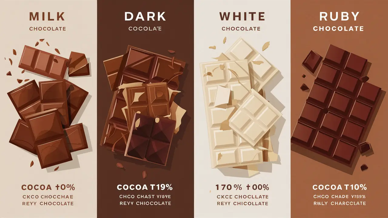  Infographic displaying four main types of chocolate bars – milk, dark, white, and ruby