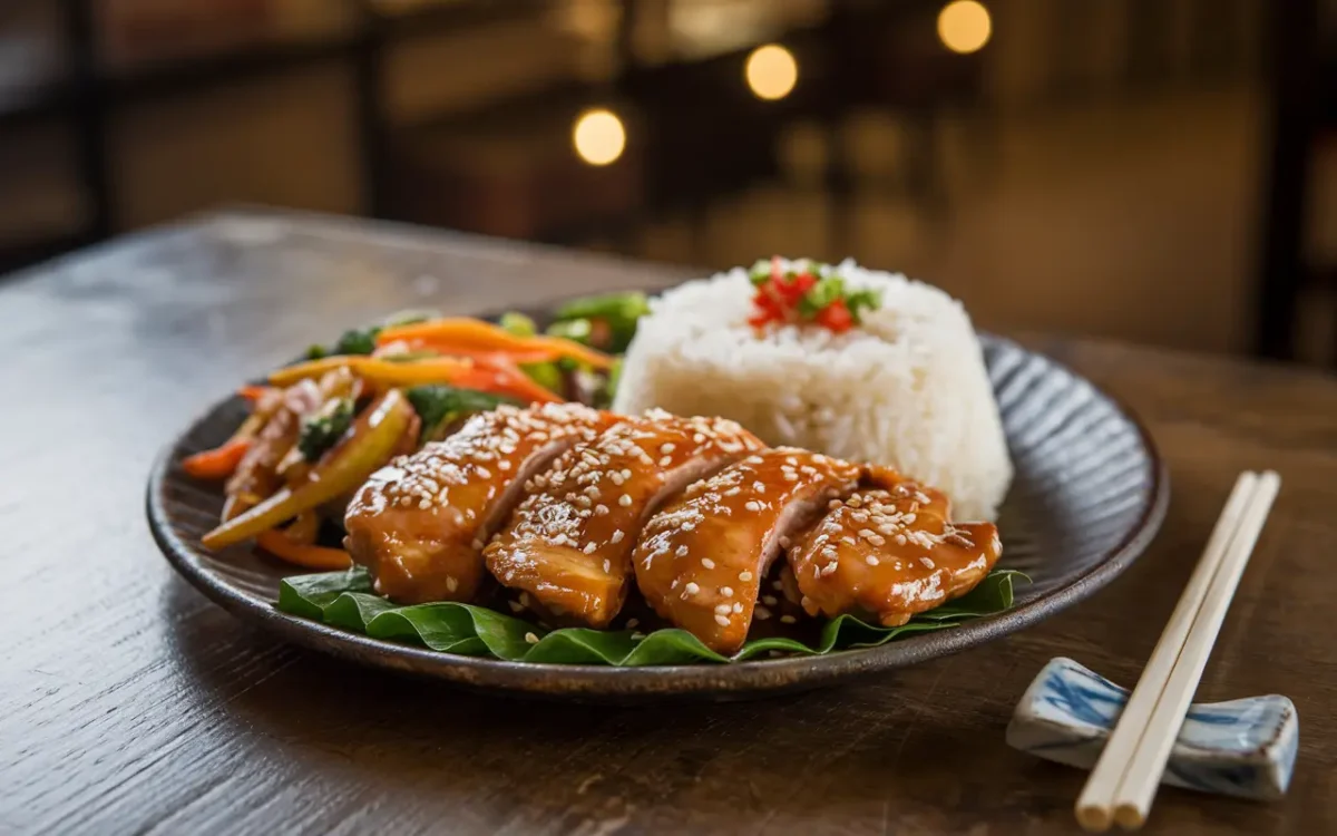 Honey sesame chicken with rice and vegetables on a plate