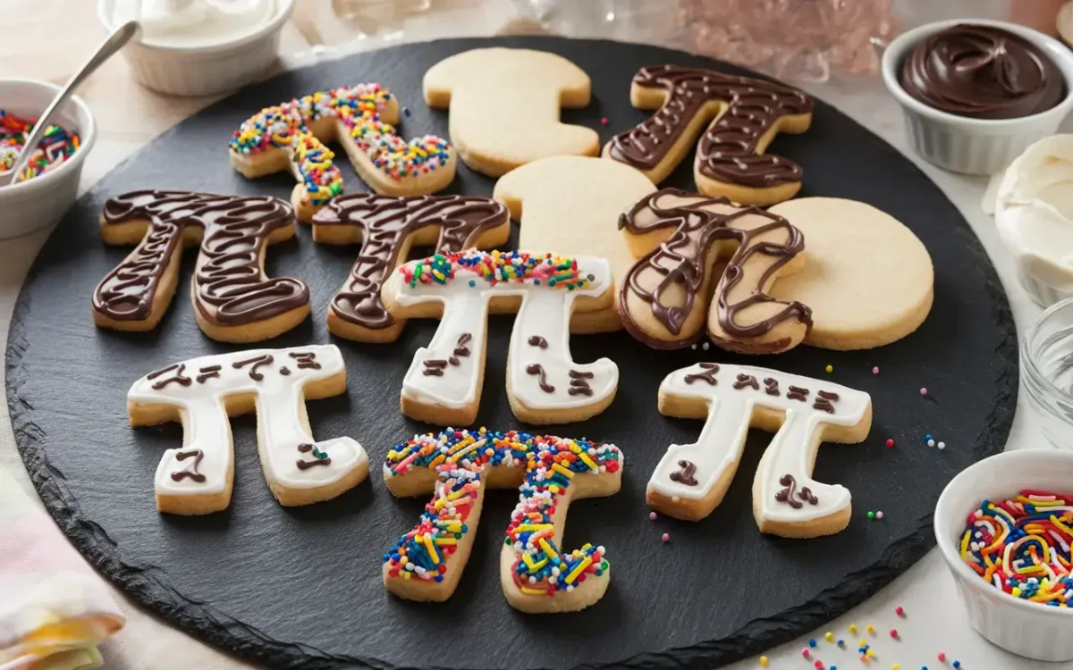 Pi symbol sugar cookies decorated with colorful icing