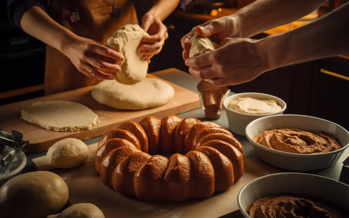 Hands kneading dough for homemade King Cake