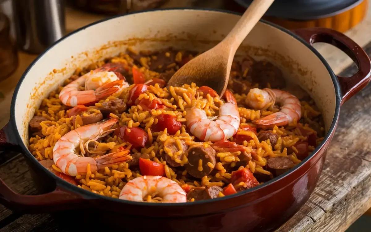 Jambalaya cooking in a cast-iron pot, steaming with Cajun spices