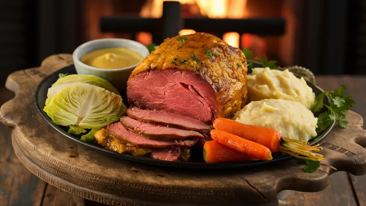 Corned beef served with cabbage, mashed potatoes, and carrots.