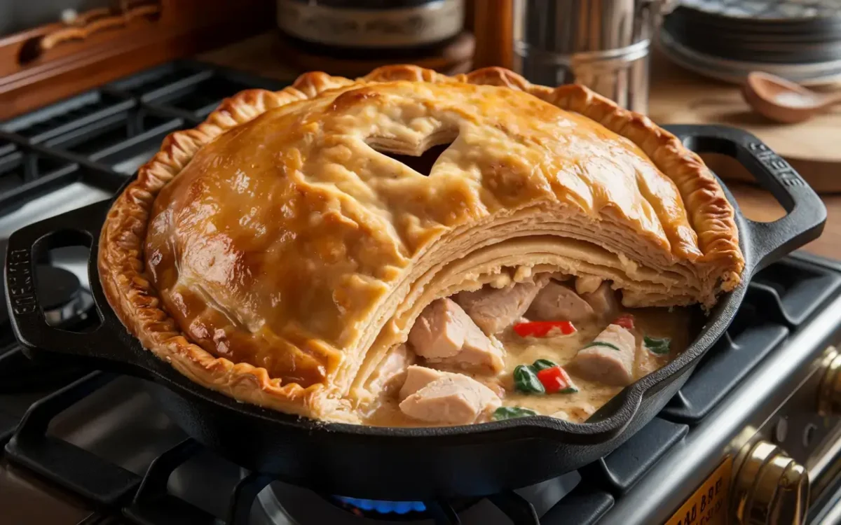 Chicken pot pie with a flaky crust and a Pi symbol