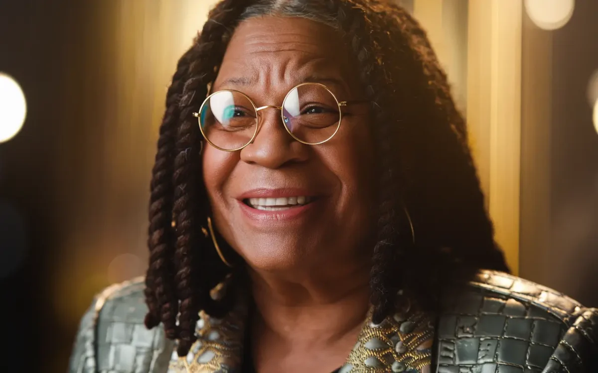 Whoopi Goldberg smiling in a stylish outfit