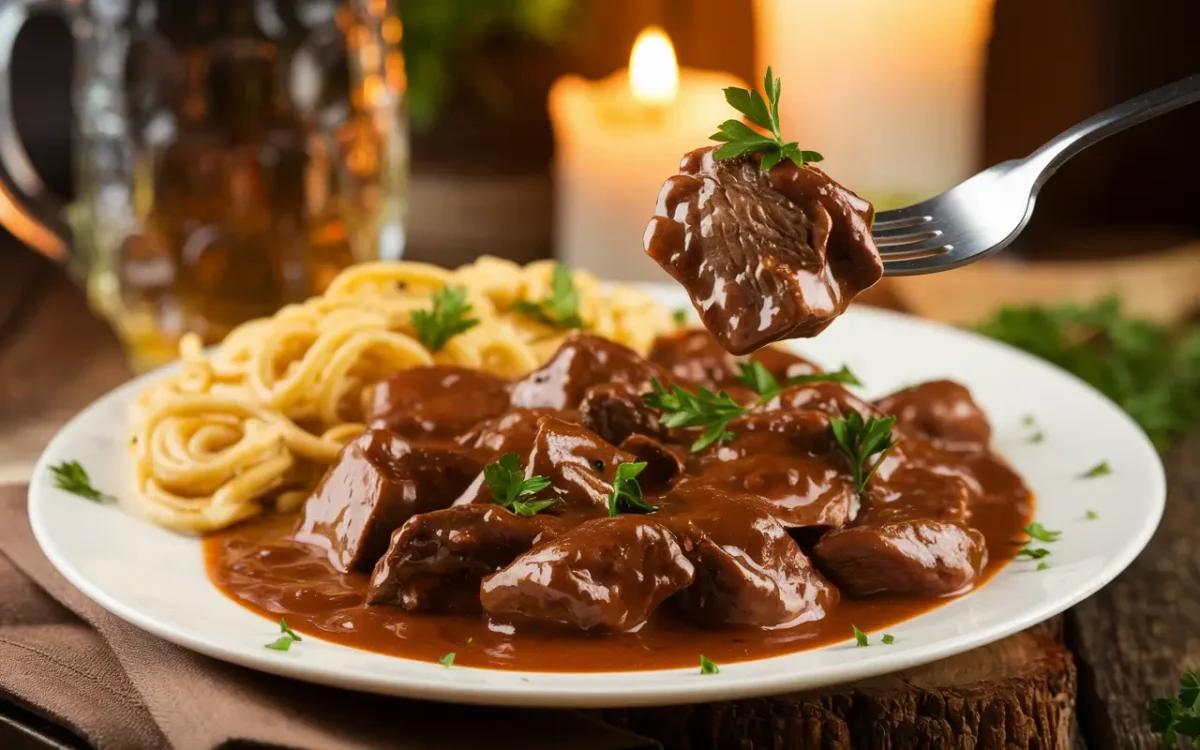 German Goulash served with Spätzle and fresh parsley