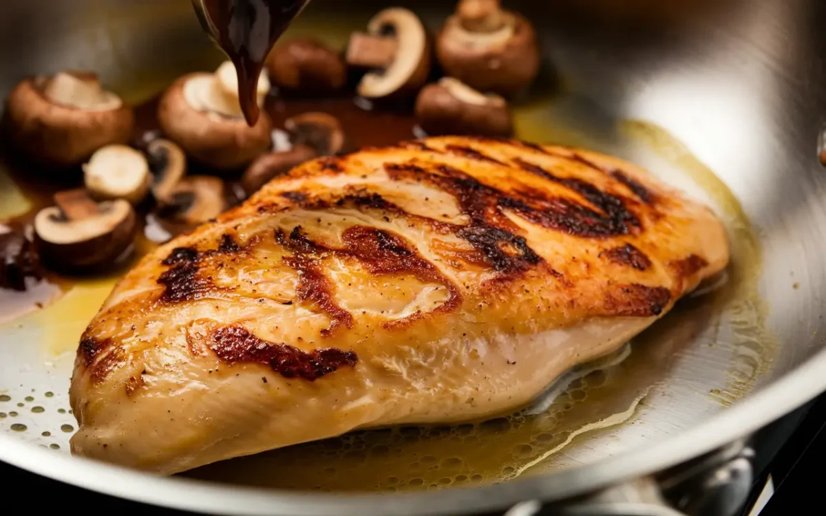 Chicken breasts searing in a pan for Chicken Marsala