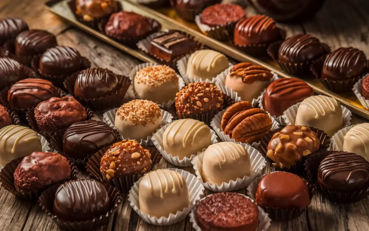 Assorted pralines including Belgian, French, and pecan pralines on a wooden table.