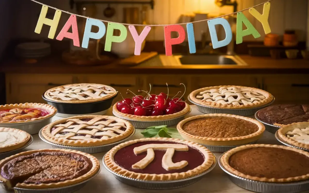 Pi Day celebration table with various sweet and savory pies