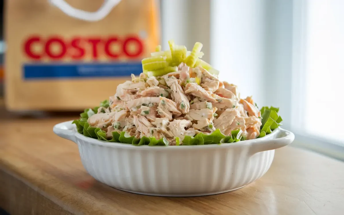 Bowl of Costco chicken salad with fresh ingredients