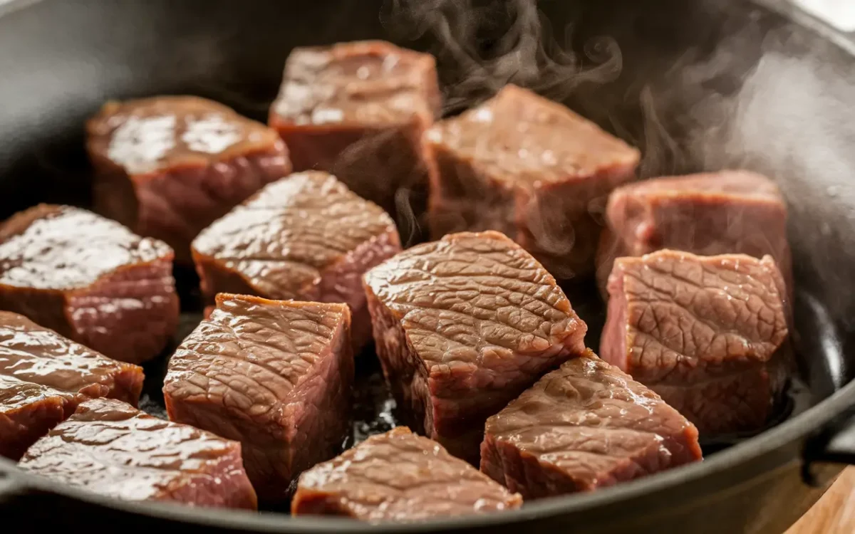 Beef cubes sizzling in a cast-iron pan for German Goulash