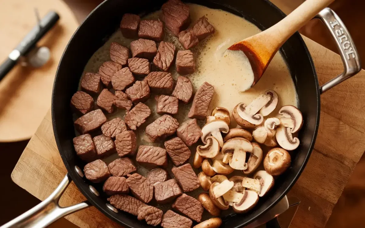 Cooking beef stroganoff in a skillet step by step