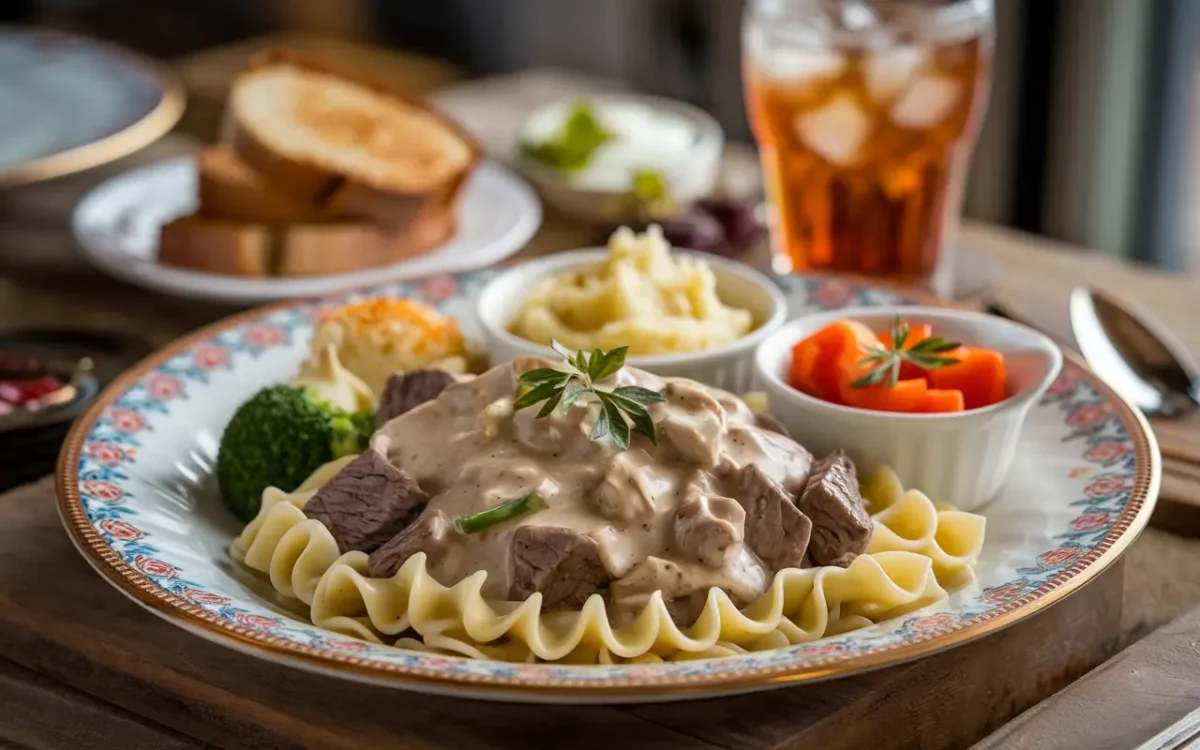 Beef stroganoff with side dishes on a wooden table