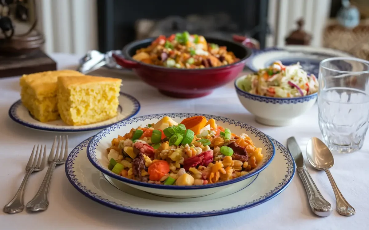 A bowl of jambalaya served with cornbread and coleslaw