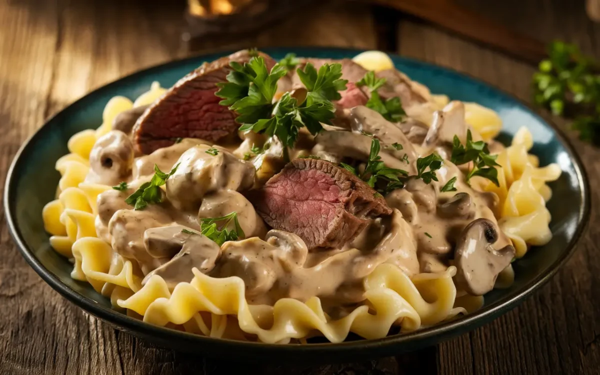 Creamy beef stroganoff served over egg noodles