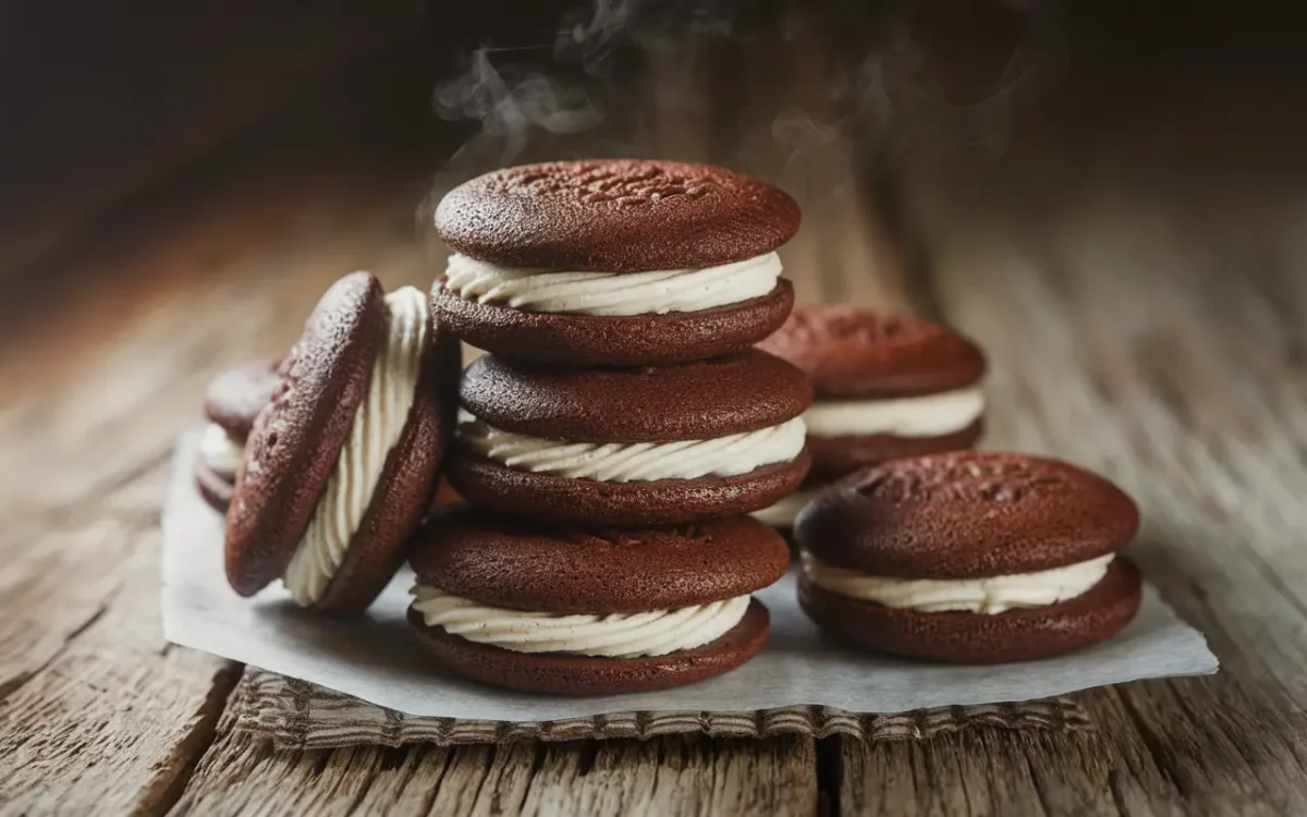 A stack of chocolate whoopie pies with vanilla filling