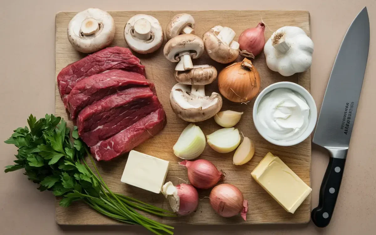 Fresh ingredients for making beef stroganoff