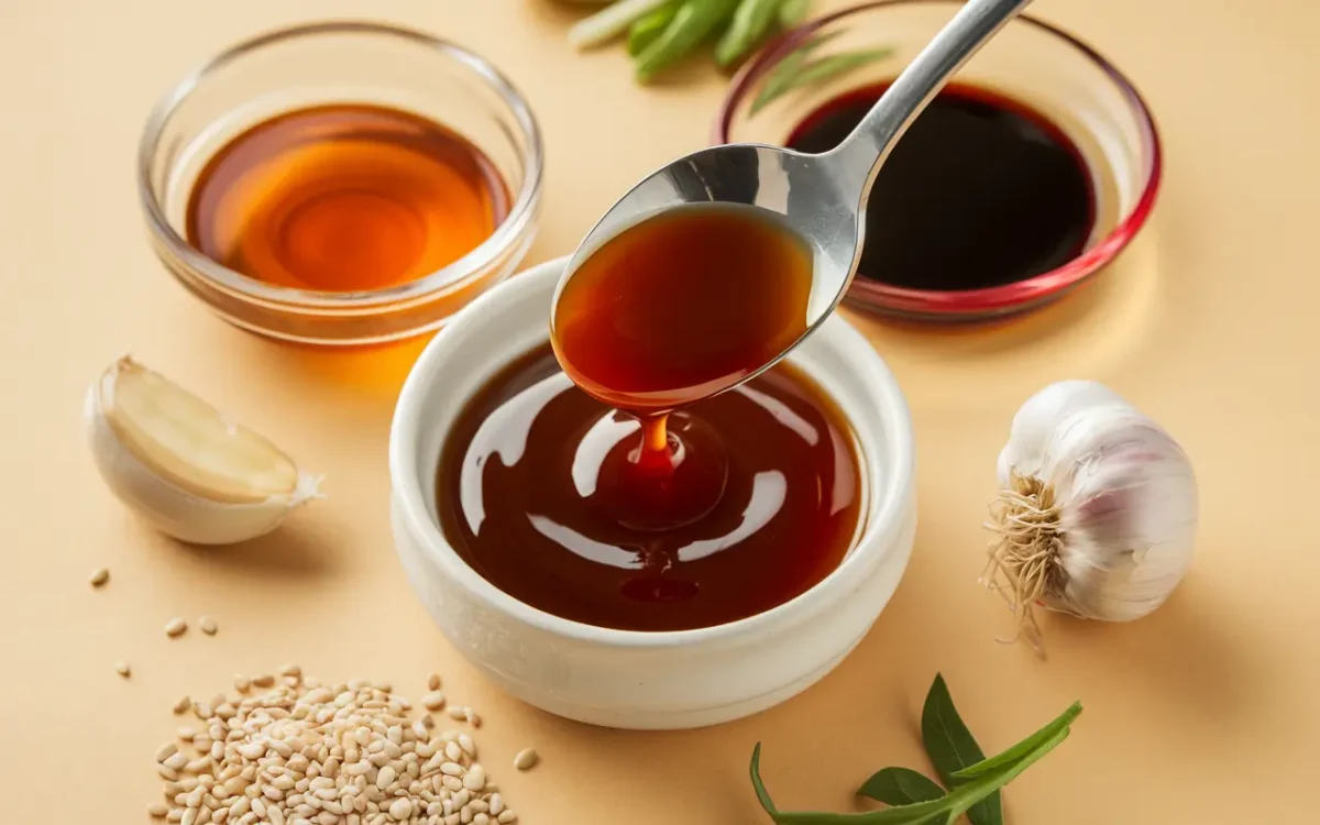 Thick honey sesame sauce dripping from a spoon