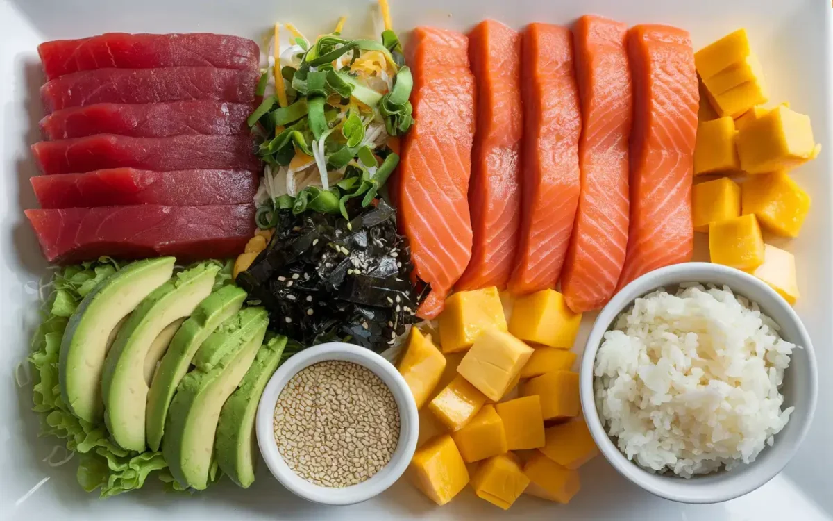 Ingredients for a traditional poke bowl, including tuna and avocado.